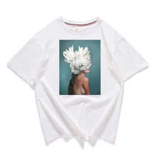 Load image into Gallery viewer, 95% cotton bloom flower feather women t -shirt 2019 summer short sleeve round neck harajuku printing tee Casual fashion Female
